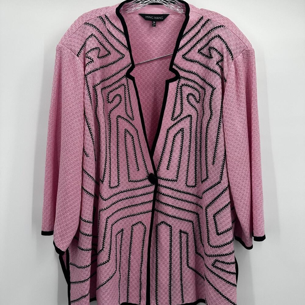 Ming Wang Sweater Womens 3X Pink‎ Black Knit Cardigan Jacket Geometric Pattern - Picture 2 of 12